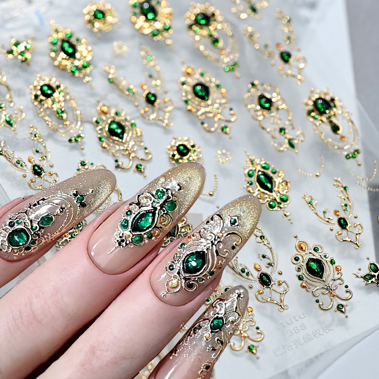 Nail Art Emerald Green - 5D тисненные изумрудные драгоценные камни, наклейки